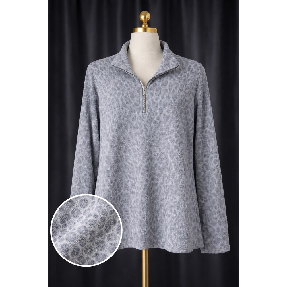 Susan Graver Weekend Gray Cheeta Burnout Jacquard Knit 1/4‎ Zip Pullover Size S